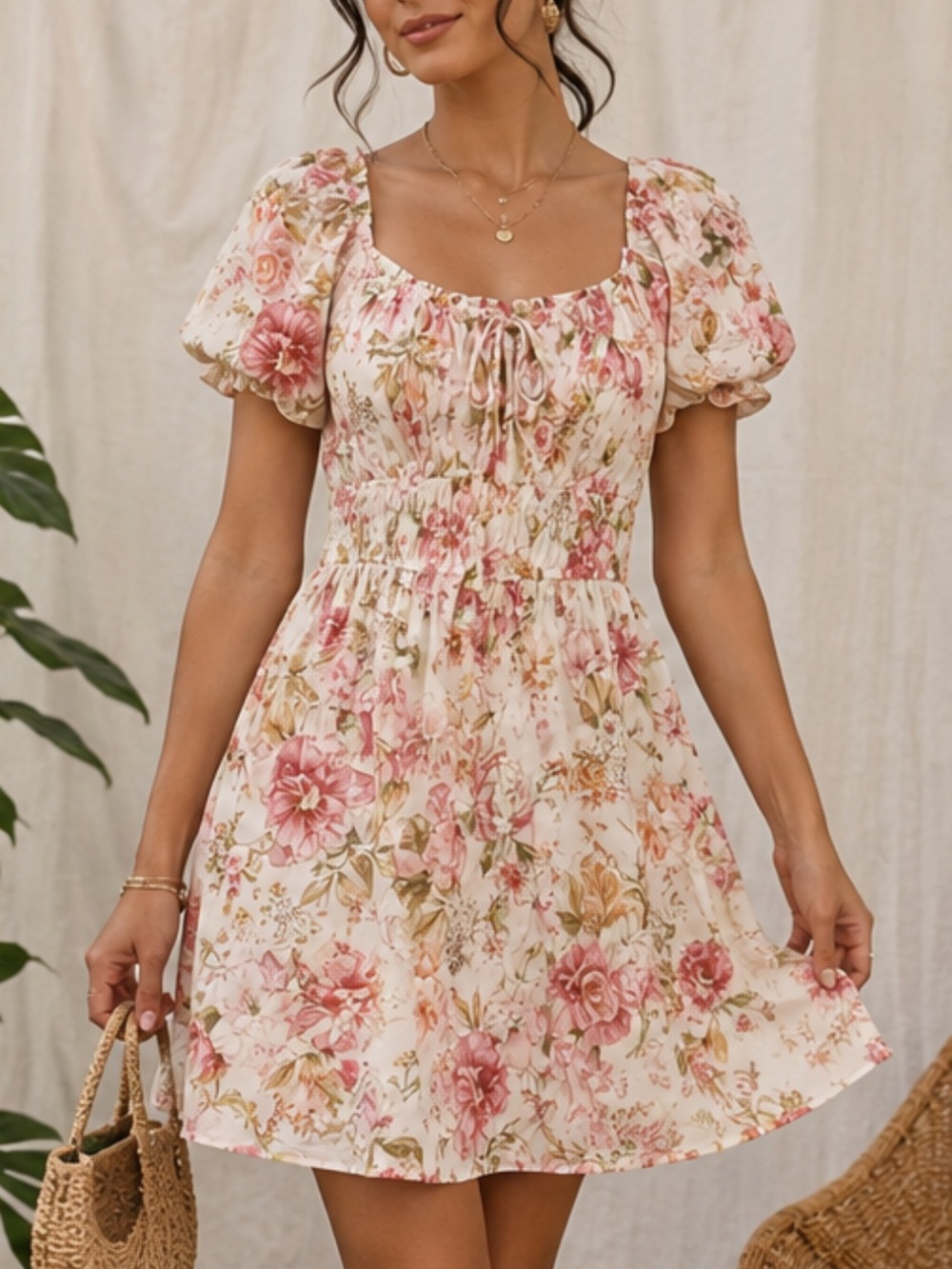 Blu Pepper White and Pink Rose Floral Puff Sleeve Mini Dress Cottagecore Sz S